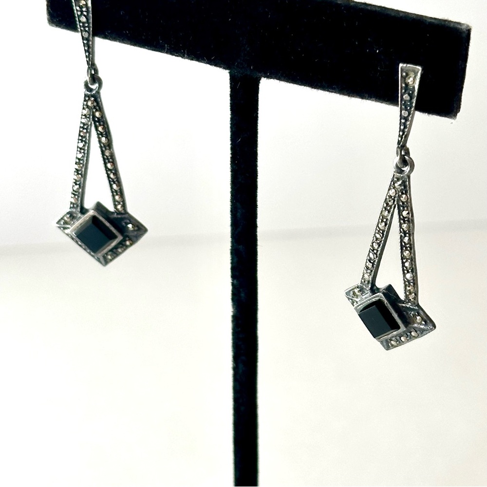 VINTAGE STERLING SILVER + BLACK ONYX + Marcasite Geometric Statement Earrings